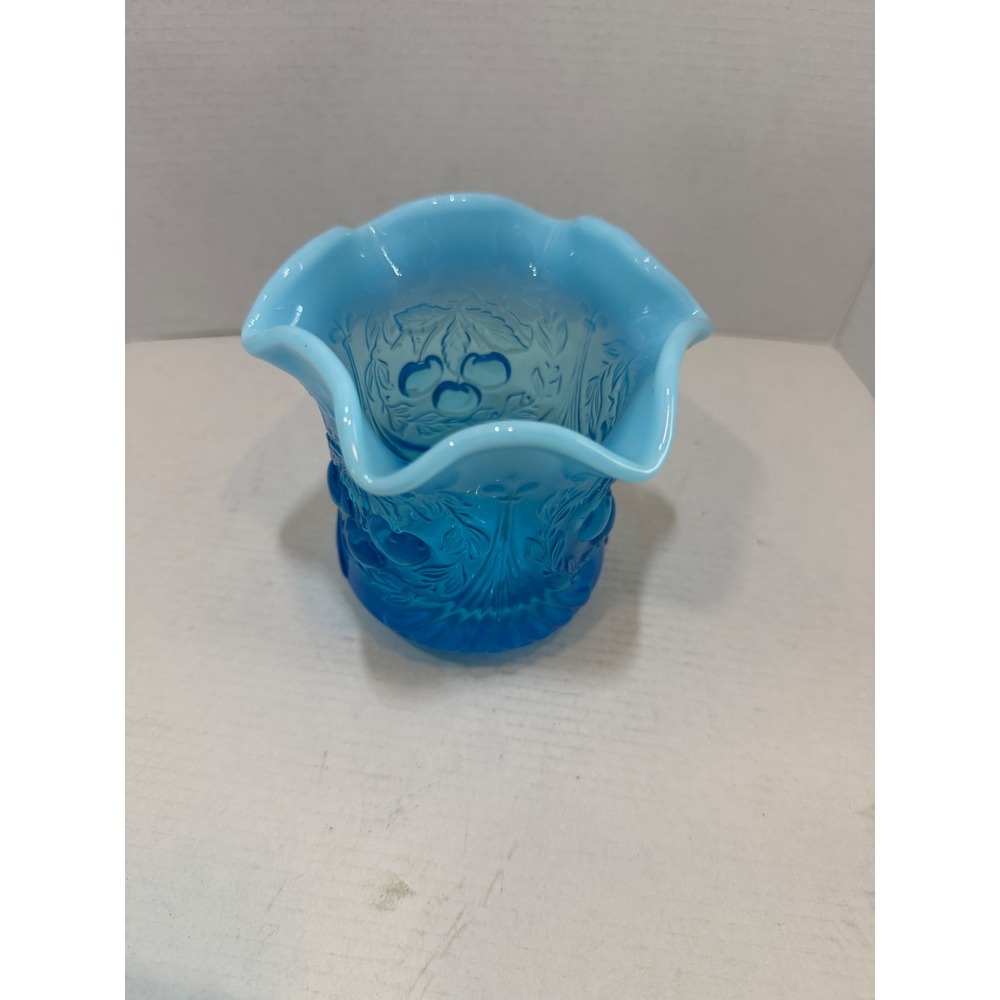 Fenton Blue Opalescent Glass Cherry Pattern Ruffled Votive Vase
